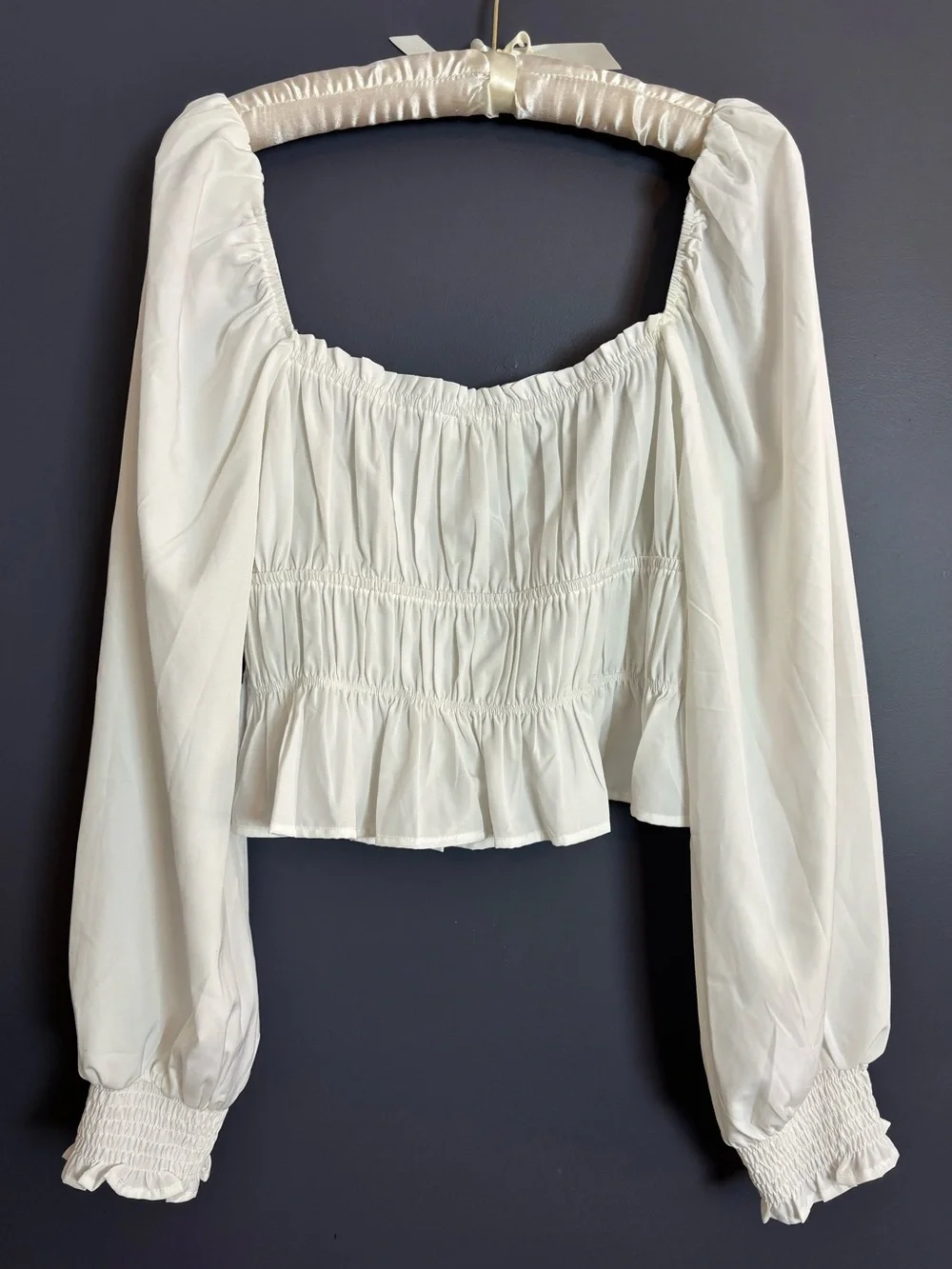 NEW ASTR The Label White Smocked Crop Blouse Top XL Square Neck Balloon Sleeves